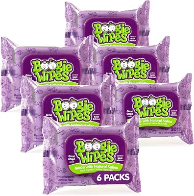 Saline Nose Wipes by Boogie, for Baby & Kids, Face, Hand & Body, FSAHSA Eligible, Made with Vitamin E, Aloe, and Natural Saline, Grape Scent, 30 Count Pack of 6