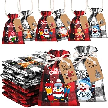 XIMISHOP 36pcs Christmas Buffalo Plaid Drawstring Burlap Gift Bags - Jute Linen Treat Candy Goodies Bags With Tags for Xmas Favors Supplies