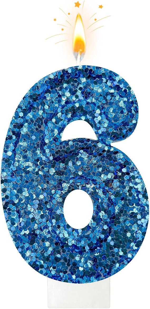 Birthday Number Candles, Glitter Number Candle Cake Decorations with Sequins, Cupcake Decorations for Girls, Women, Party Anniversary Celebrations (Number 6, Blue)