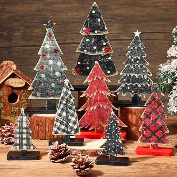 Moucuny 8 Pcs Wooden Christmas Trees Farmhouse Christmas Table Centerpieces