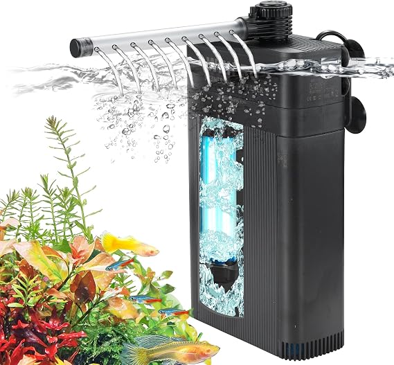 Internal Fish Tank Filter with 9W UV Light, Multi Filter Materials, Adjustable Water Flow Submersible 850L/H Aquarium Filter Pump for 140l ~ 220l Freshwater or 100l ~ 150l Saltwater, TU-900(850L/H)