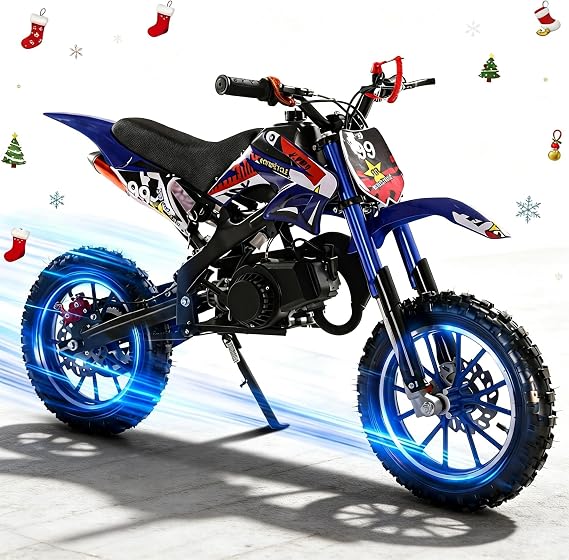 50CC Kids Dirt Bike, 2-Stroke Gas Power Motocross, Gas Dirt Bikes for Kids 8-14, Mini Motorcycle for Adults Child Uphill and Off-Road with Front Rear Disc Brakes, Racing Max Speed 40km/H Blue S