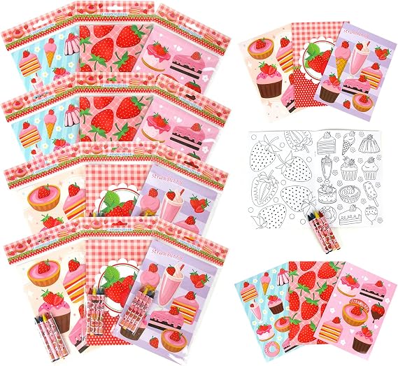 TINYMILLS Strawberry Coloring Book Set with 12 Coloring Books and 48 Crayons Strawberry Birthday Party Supplies Favor Bag Filler Carnival Prizes Rewards Classroom Party