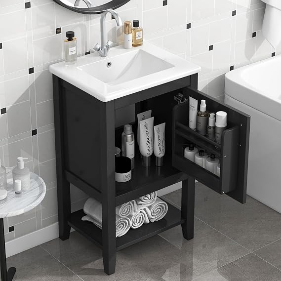 Bathroom Vanity, 20 inch Bathroom Vanity with Sink, Modern Bathroom Storage Cabinet with Door and Storage Rack, Bathroom Vanities with Open Shelf and Undermount Ceramic Sink, Black