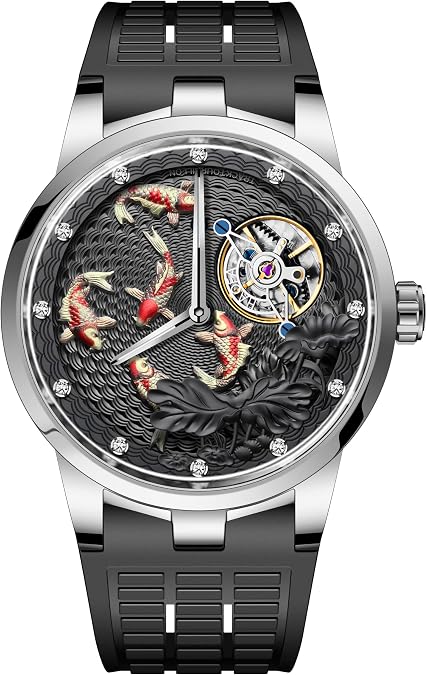 Haofa Carrousel Flywheel Watch for Men 3D Carving Koi Mechanical Manual Watch Double Movement Diamond-Studded Business Hand-Winding Mens Watch Carp Lotus Watch 1951