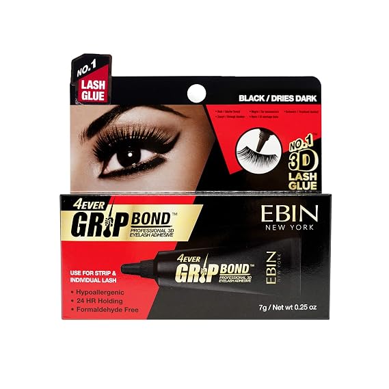 EBIN NEW YORK Grip Bond Eyelash Glue Tube Black 0.25 oz | Fast Dry Lash Glue Dries Dark | Extra Strong Hold Smudge Resistant Latex Free for Sensitive Eyes