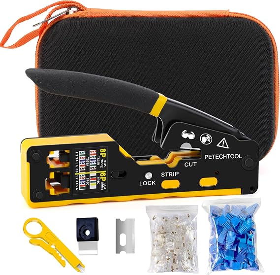 RJ45 Crimp Tool Cat5 Cat5e Cat6 Crimping Tool Ethernet Crimper Kit with Cat6 RJ45 Connector and RJ45 Boots, Mini Wire Stripper and Replacement Blade