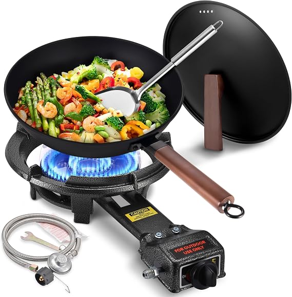 ARC Outdoor Propane Stove, 13" Single Burner and Carbon Steel Wok, Portable Propane Burner With Adjustable Regulator And Stainless Steel Hose, Great For Outdoor Wok Cooking