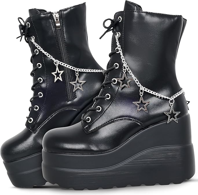 Gothniero Goth Platform Boots Black Gothic Chunky Heel Boots for Women Combat Ankle Wedge Booties with Side Zip Lace Up Size 3UK-8UK