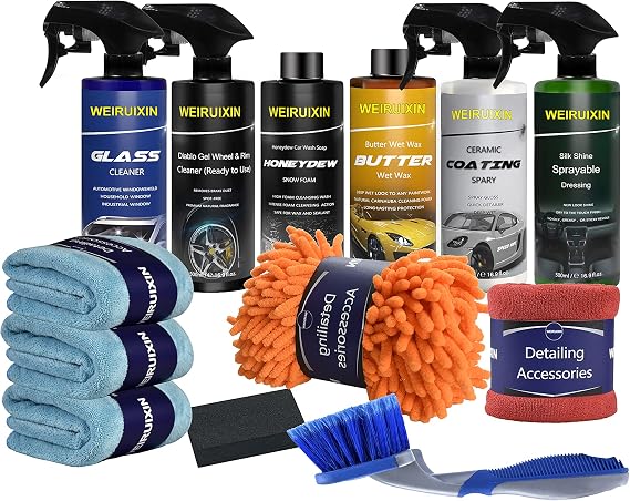 Car Care Cleaning Kits (13 Items) ,Completed Car Kits Ceramic Coating Spray/ Wash Shampoo/Butter Wet Wax/Glass Cleaner/Tire Shine&Wheel Kit 16.9oz Cleaning Chemicals Towels/Gloves and Brushes (13PCS)
