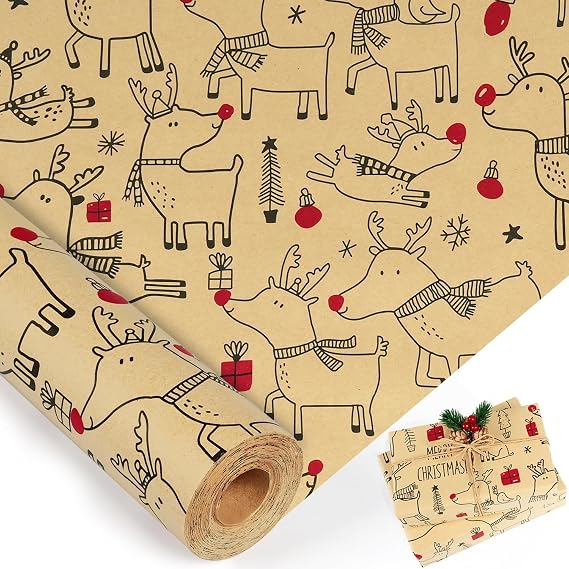 Christmas Wrapping Paper Roll, Red and Brown Kraft Wrapping Paper with Cute Reindeer Design for Kids Boys Girls, Vintage Classic Gift Wrapping Paper Roll for Xmas New Year Winter Holiday, 17 Inch x 49 Feet