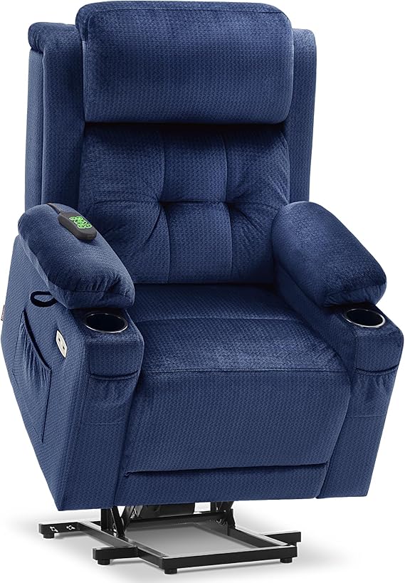 MCombo 3 Motor Riser and Recliner Armchairs for Elderly, Electric Lift Recliner Chair, Adjustable Headrest, Infinite Position, Heat & Massage, Extended Footrest, Fabric 7661 (Navy Blue, Medium) | Massage and Heat, Adjustable Headrest, Lay Flat, Infinite Position, 4.7" Footrest, Cup Holders, USB Ports, Pockets
