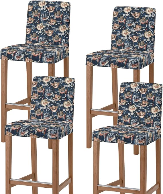 Blue Cowboy Bar Stool Chair Covers Set of 4 with Back, Stretch Barstool Slipcovers Washable, Country Western Vintage Pub Counter Height/Swivel/Cafe/Dining Room Chairs Seat Furniture Cover