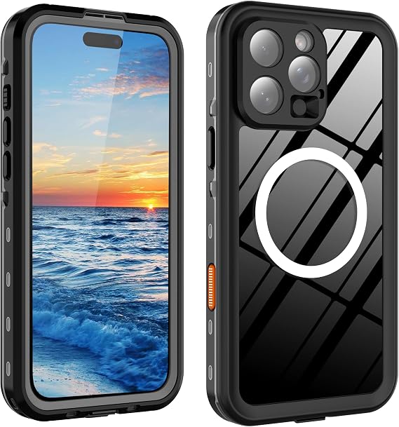 磁気クリアケース iPhone 16 Pro Max 6.9インチ用防水 スクリーンカメラプロテクター内蔵 ミリタリー 高耐久 フルボディ保護 携帯電話カバー、MagSafe対応 ブラックサイド