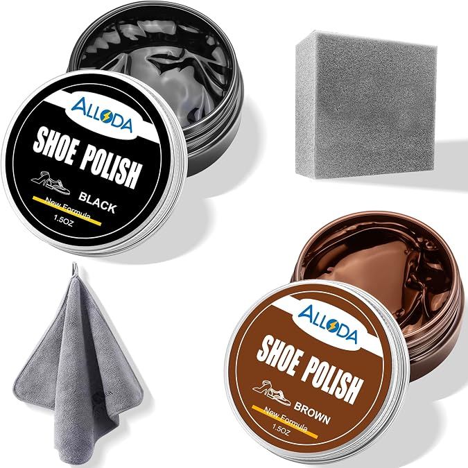 Black&Mid Brown Shoe Polish Kit, Boot and Leather Shoe Shine Kit, High Density Sponge Brush Cleaner, Polish Towel(Black + Mid Brown)