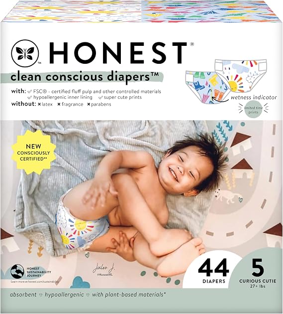 The Honest Company Clean Conscious Diapers | Plant-Based, Sustainable | Limited Edition Prints | Club Box, Size 5 (27+ lbs), 44 Count