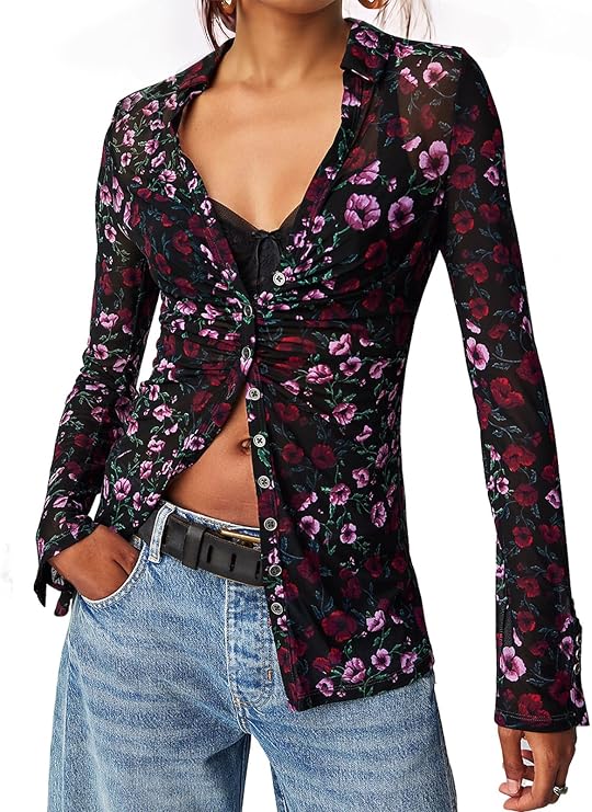 Women's Button Down Shirts Sheer Mesh Tops Boho Floral V Neck Blouse | Lightweight Ruched, Long Sleeve, Slim Fit, Collared Detail, Summer Fall 2026, Date Night & Casual Outfits