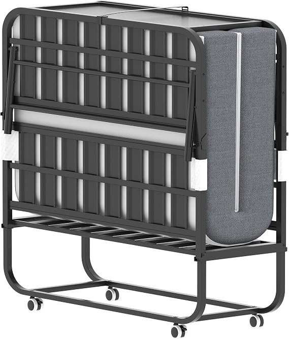Folding Bed with Mattress and Adjustable Headboard, 75"x46" Space Saving Fold Up Beds for Easy Storage, Fold Away Bed with Dust Cover&Metal Frame for Adults, Guest, Twin Size