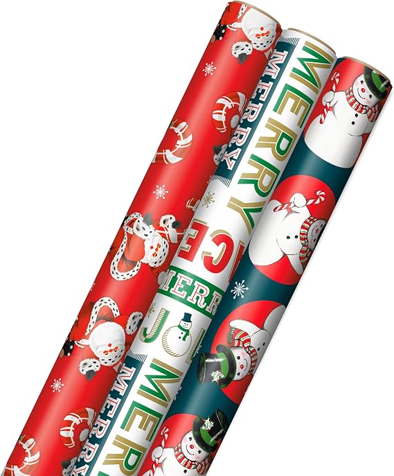 Hallmark Vintage Christmas Wrapping Paper Cut Lines on Reverse (3 Rolls: 120 sq. ft. ttl) Dancing Santas, Classic Snowman,#34;Merry, Jolly, Happy, Peace"