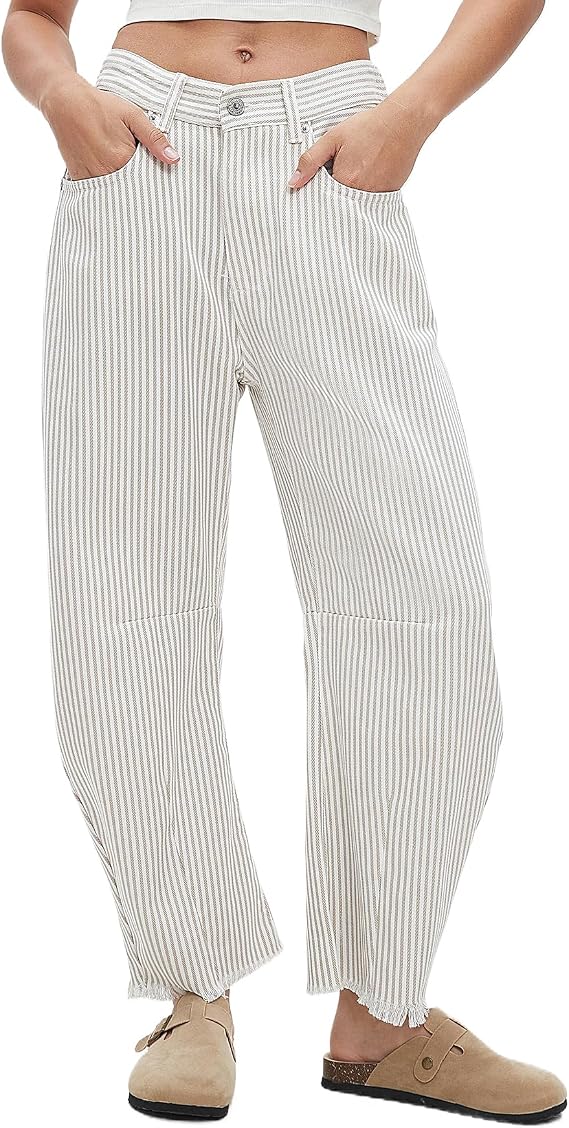 Kedera Womens Stripe Barrel Jeans Baggy Wide Leg Y2K Mid Rise Denim Pants