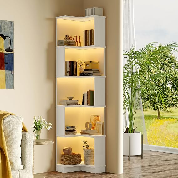 Corner Bookcase, Multifunctional Bookcase, L-shaped Bookcase, L-E-D Colour Changing Light Bar, Remote Control/App Control, Five Layer Storage Space (White, 63.5 x 45 x 175 cm)