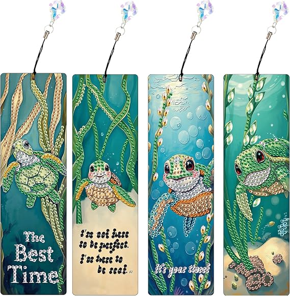 4PCS 5D Diamond Painting Bookmark, Diamond Art Kits for Adults DIY Bookmarks, Special Drills Gem Art Book Tabs Mosaic, Handmade Unique Gifts for Book Lovers || Sea Turtles Tortoises
