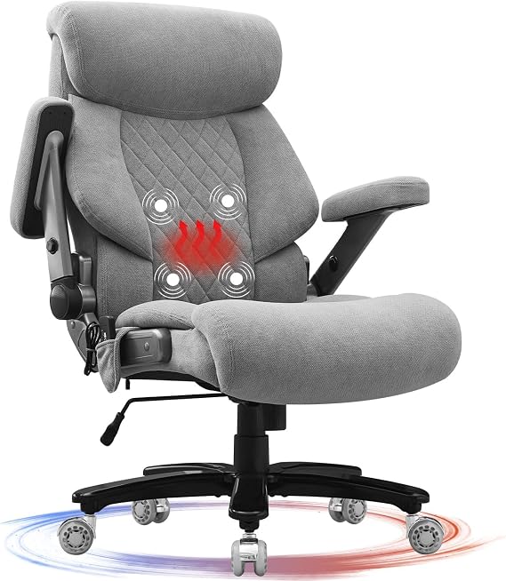 BOSMILLER Big and Tall Office Chair 650lbs for Heavy People with Massage and Heating, Adjustment Lumbar Support Heavy Duty Fabric Executive Office Chair with Quiet Wheels