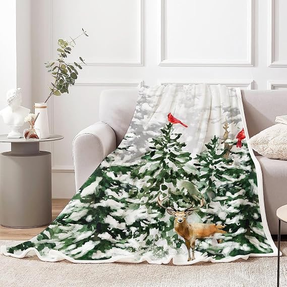 Christmas Throw Blanket, Winter Snowflake Pine Tree Forest Cardinal Deer Flannel Warm Soft Cozy Fluffy Bed Couch Blanket, Snowflake White Fleece Throws to Decoration The Room and Bedroom 50X60in