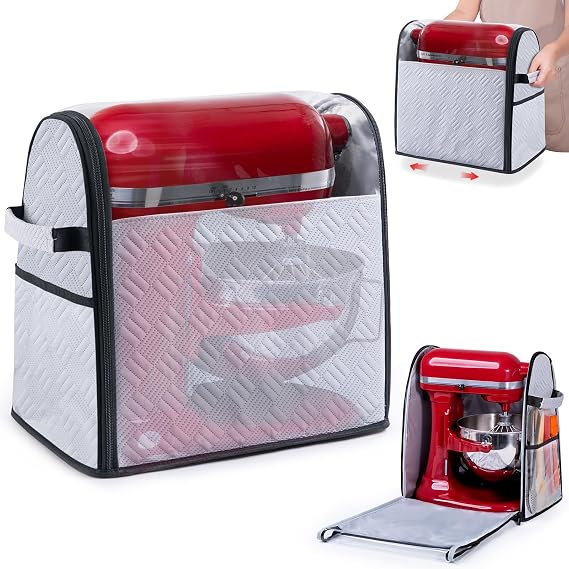BAGSPRITE Full Open Stand Mixer Cover with Slider Base Compatible with KitchenAid 4.5/5 Qt Bowl-Lift Mixers – Dustproof Quilted Kitchen Aid Mixer Cover with Pockets for Accessories & Attachments