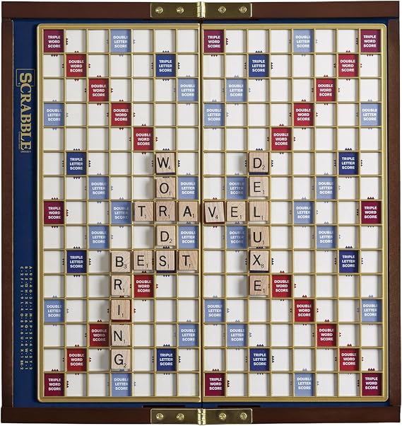 WS Game Company Scrabble Deluxe Travel Edition Portable Wood Board Game Set | Classic Word Game, Compact Wood Travel Case, Raised Letter Tile Grid, Magnetic Closure, 2-4 Players, Adults and Kids 8 and Up