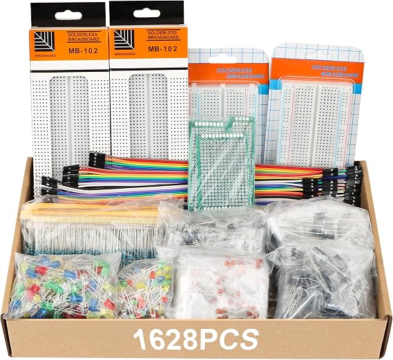 1628PCS Electronic Component Kit, breadboard/arduino kit, 3mm and 5mm LED Diodes, Diodes, Ceramic Capacitors, Electrolytic Capacitors, Resistor, Transistor, DuPont Wires, Circuit Boards, PCBS