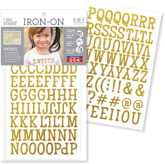 S.E.I. 1-Inch Iron-on T-shirt Letters, Classic Glitter Letter Heat Transfers, Gold