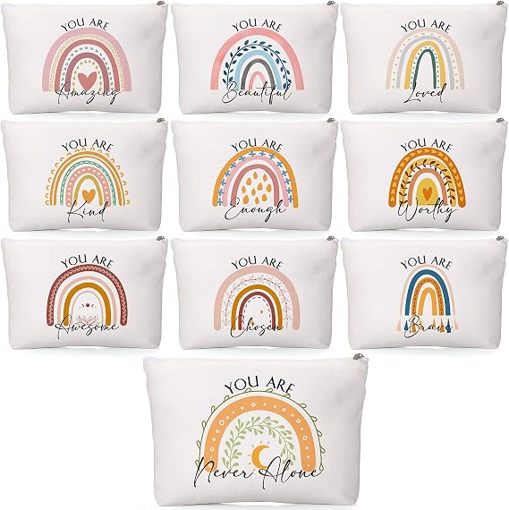Coume 10 Pcs Canvas Makeup Bags Bulk, Inspirational Quotes | Rainbow Cosmetic Pouches with Zipper, Encouragement Return Gifts for Women Teachers, Travel Toiletry Organizer Bags Bulk