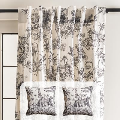 Maison d Hermine Savana Jouy Black Bundle Set - 100% Cotton Curtain - 84 Inch x 50 Inch, 1 Panel & 2 Decorative Pillow Covers - 20 Inch x 20 Inch Giraffe