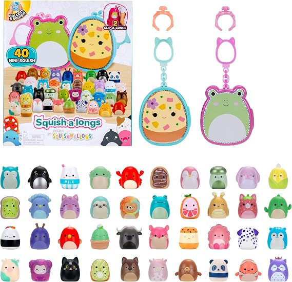 Squish-a-longs Çoklu paket - 2 Clip-a-Longs ve 40 Mini Squish içerir