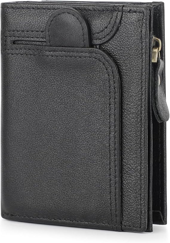 Genuine Leather Wallet for Men Slim Bifold Zipper RFID Blocking Large Capacity Card Holder Coin Pocket Front Pocket Gift (Black-1)