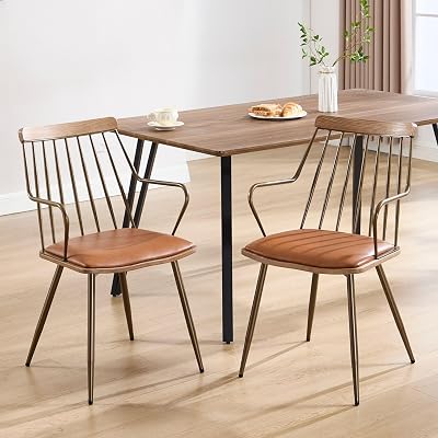 Wahson Metal Dining Chairs Set of 2, Mid-Century Modern Upholstered Brown Leather Kitchen Chairs with Antique Copper Spindle Back and Armrests for Dining RoomRestaurant