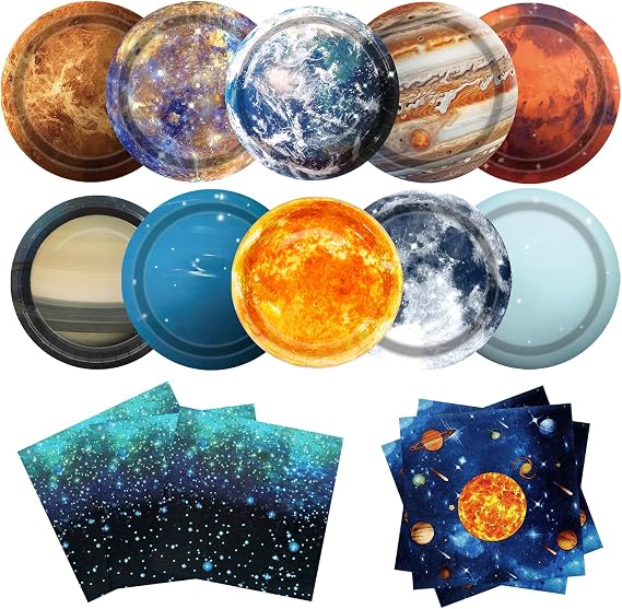 Space Theme Party Decorations 100Pcs Galaxy Planet Outer Space Disposable Plates and Napkins for Kids Space Solar System Planets Baby Shower Birthday Party Decorations, 9inch