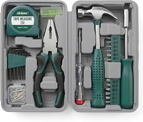 Hi-Spec 25pc Green Small Compact Hand Tool Kit Set for Home &amp; Office DIY Household Basic Toolkit Starter Repairs in a Portable Tool Box Case