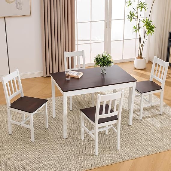 Kmax 5 Piece Dining Set for 4 - Wood Rectangle Compact Kitchen Table with Slatted Back Chairs for Dining Room - Walnut Top, White Frame