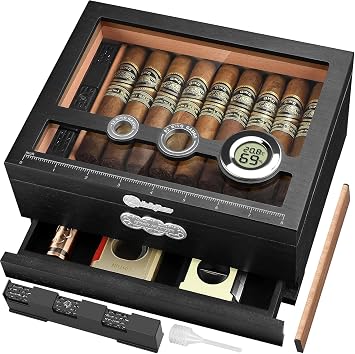 LIHTUN Humidor Cigars Case, Glass Top Desktop Cigar Humidor Gifts for Men with Cigar Accessories Drawer, Digital Hygrometer, Humidifier and Measuring Scale