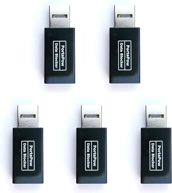 PortaPow USB Data Blocker (Black 5 Pack) - Protect Against Juice Jacking