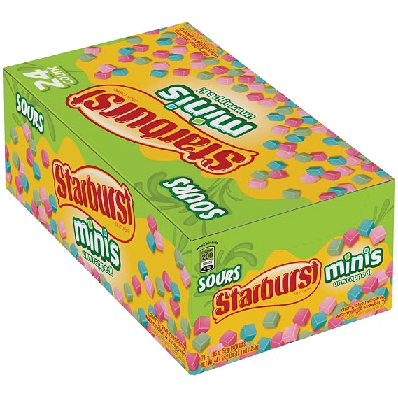 STARBURST Minis Sours Candy Sour Bulk Fruit Chews Variety Box 1.85oz, 24 Pk