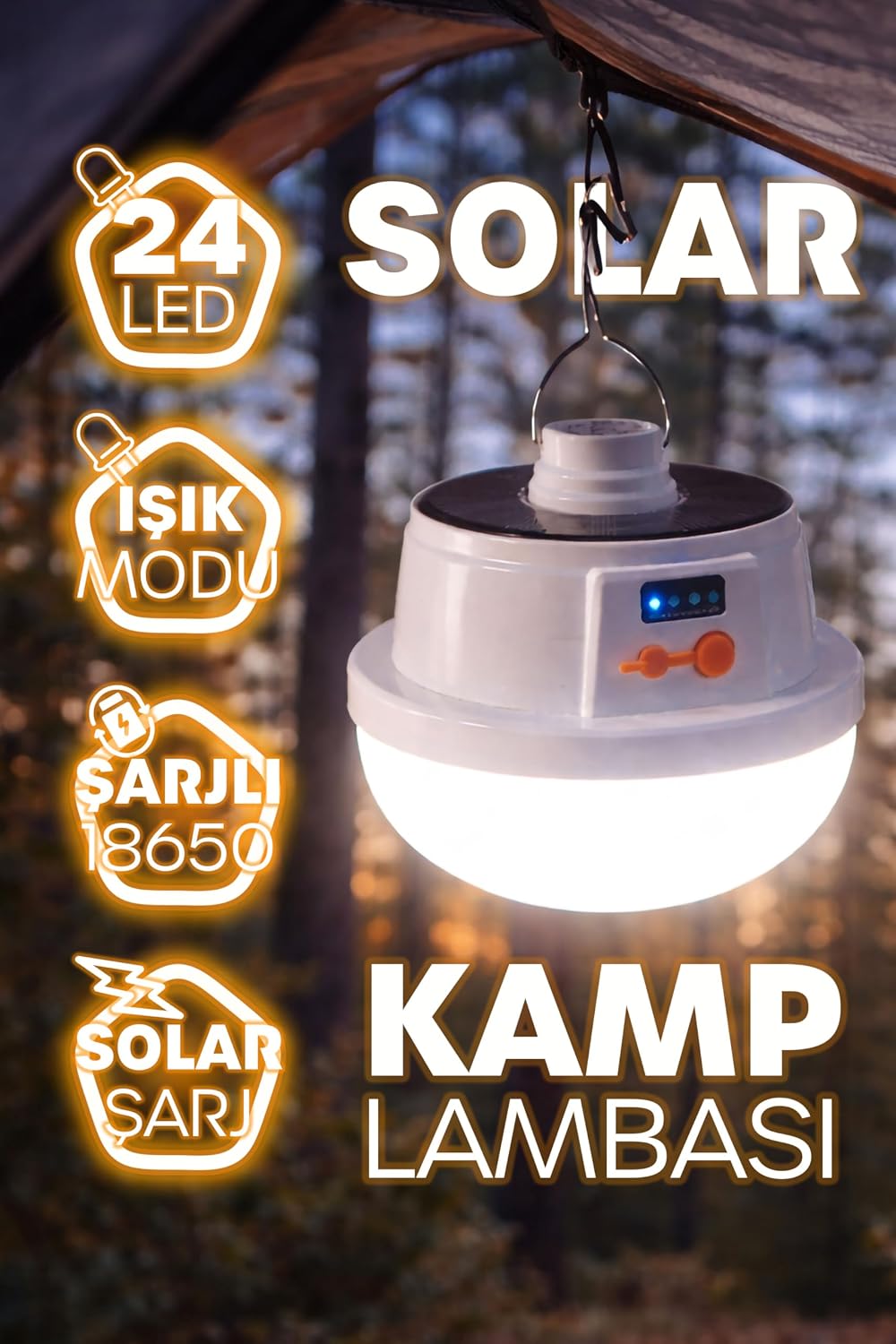 Şarjlı Solarlı Kamp Lambası 5 MODLU Orta-Yüksek Işık SOS Askılı Işıldak Kamp El Feneri 47724 [Enerji Sınıfı A+]