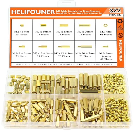 HELIFOUNER 322 Pieces M2 Male Female Hex Brass Spacers Standoffs Screws Nuts Assortment Kit, Threaded Pillar for Printed Circuit Board Motherboard