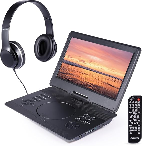 Aiwa - 14" Portable Media Player Travel Kit, DVD & CD Player Portable with Swiveling Screen, Built-in Stereo Speakers, HDMI Input, Remote, Headphones, and Carry Bag (Black)