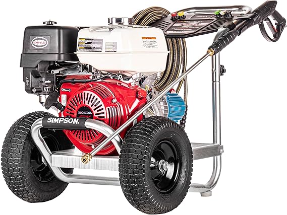 Simpson Aluminum Series 4200 PSI Gas Pressure Washer, 2.5 GPM, Honda GX390 | Gas Power Washer For Professionals. CAT Triplex Pump, 50' Hose, Aluminum Frame, 5 Nozzles. 49-State Compliant. ALH4240