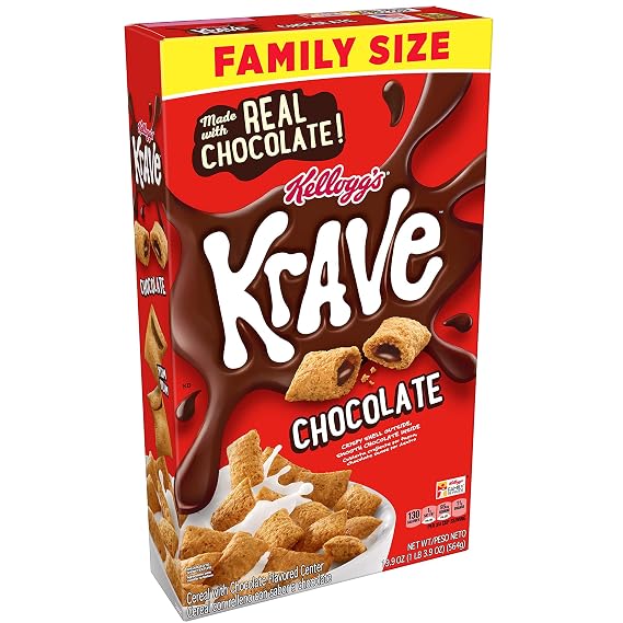 Kelloggs Krave Breakfast Cereal, Chocolate, Good Source of Fiber, Family Size, 19.9 oz Box(Pack of 10)
