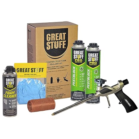 Great Stuff PRO Pestblock Complete Kit Insulating Expanding Foam Sealant Fills Gaps Up to 3" Includes Great Stuff Foam Gun, Cleaner, Gloves & Copper Mesh