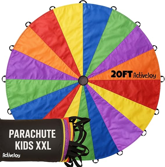 Activejoy - Parachute for Kids - 8ft /12ft / 16ft / 20ft / 24 ft / 30ft - Rainbow Parachute Toy with Handles - Great for Gym Class, Field Day & Outdoor Games